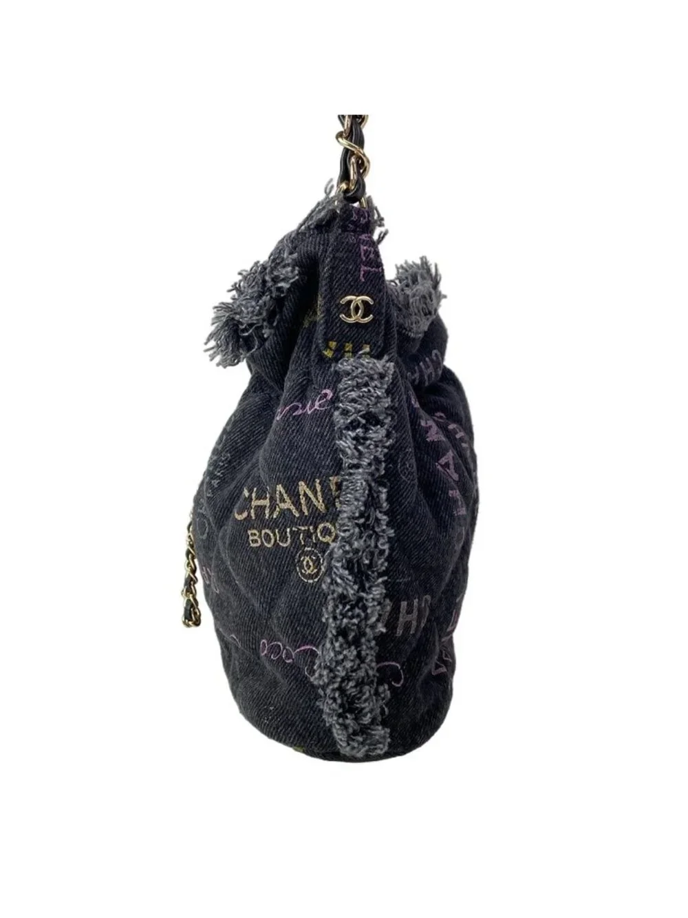 Chanel Shoulder Bag Quilted Black Multi Drawstring Chain Gold Metal